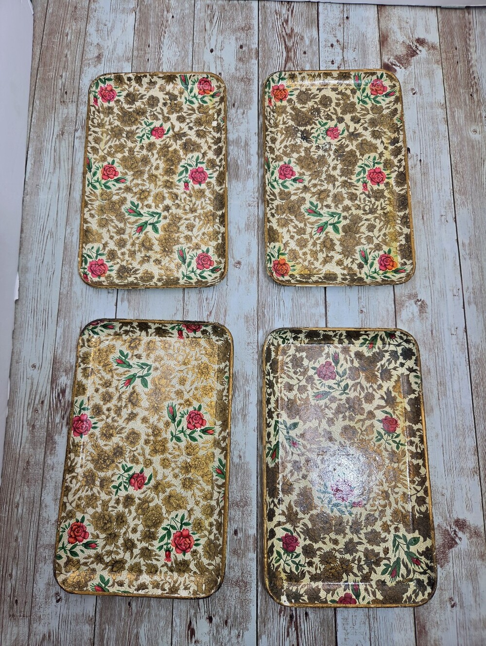 🌹 VINTAGE Papier Mache Snack Trays Set of 4 | Gold Rose Floral Japan Viking 🥂